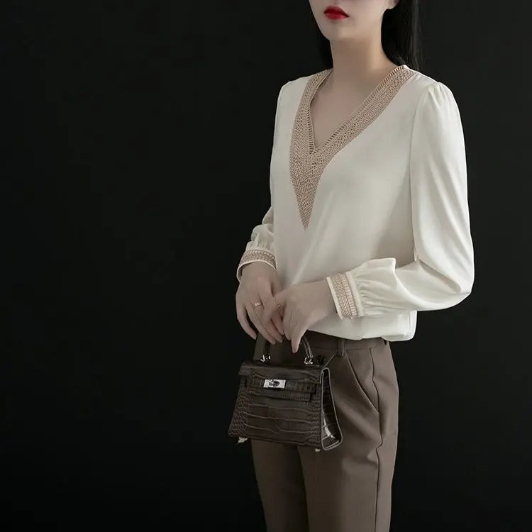 Elegant Fashion V-neck Embroidery Hollow Out Dignified Shirt New Summer Autumn 2022 Long Sleeve Solid Color Women's Clothing