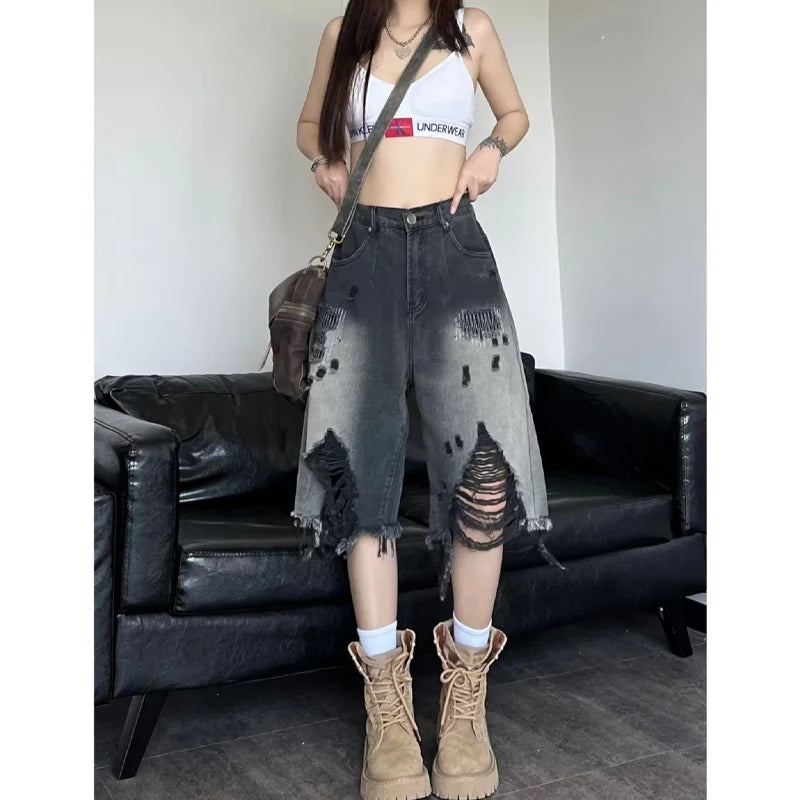 Zoki Harajuku Hole Y2K Denim Shorts Women Streetwear Vintage Gradient Jeans Shorts American Retro Bf Hip Hop Design Shorts New