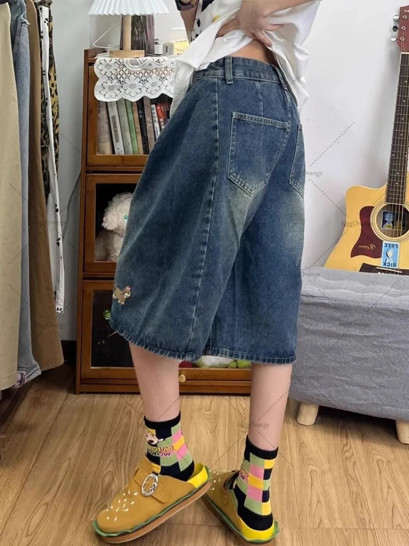 Retro High Street American Puppy Embroidered High Waist Loose Fashionable Jeans Men Harajuku Casual Punk Straight Pants Women