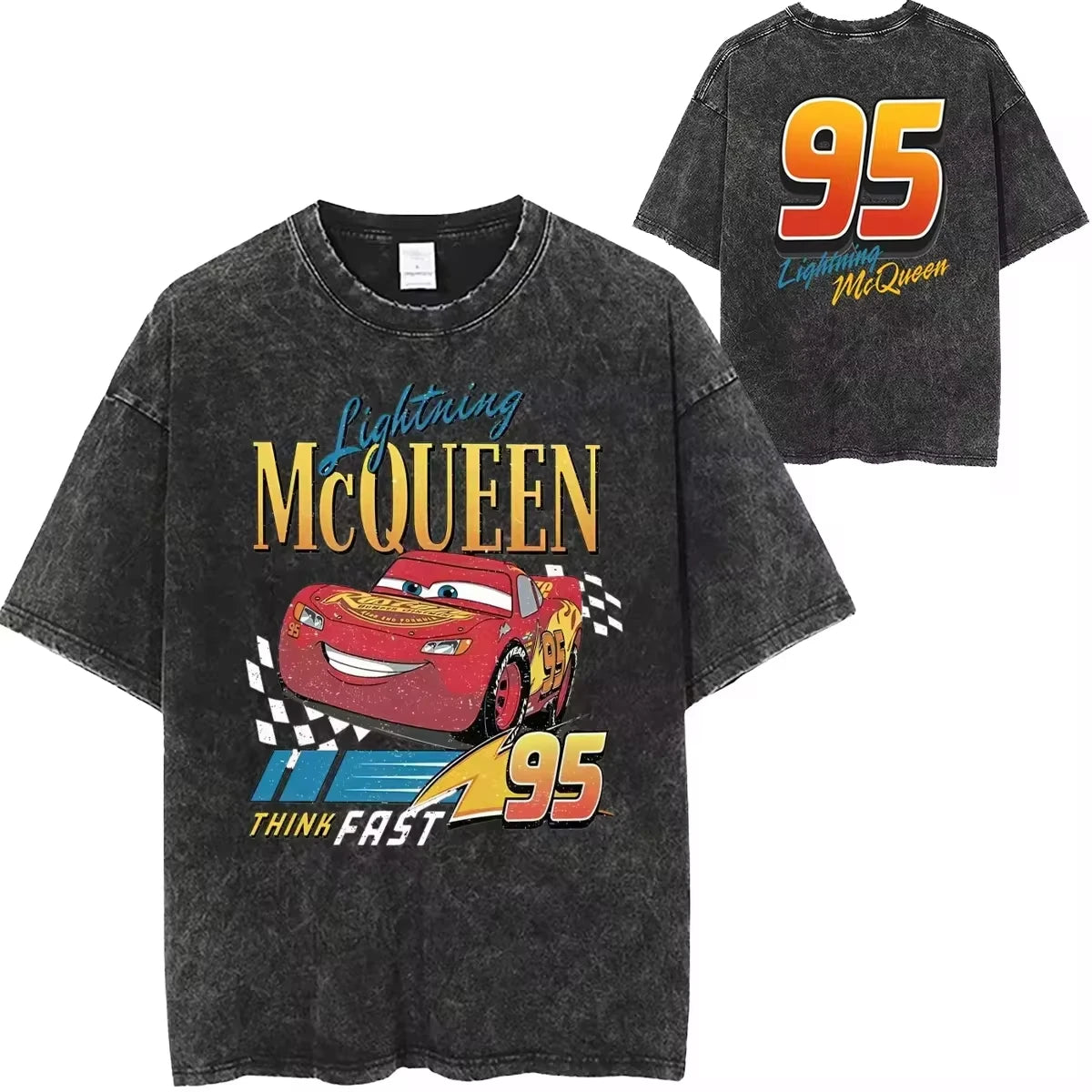 Washed T Shirts Vintage Cars 95 Lightning McQueen Hip Hop Retro T-Shirt Streetwear Short Sleeve Tops Tops Tees for Men Women
