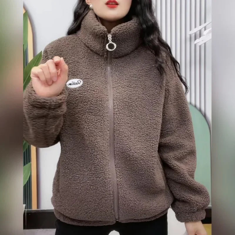 Thickened Fleece Winter Jacket Warm Cotton Clothes Anti-Aging Women's Loose Slimming Top High Collar Full Sleeve Polyester Fiber