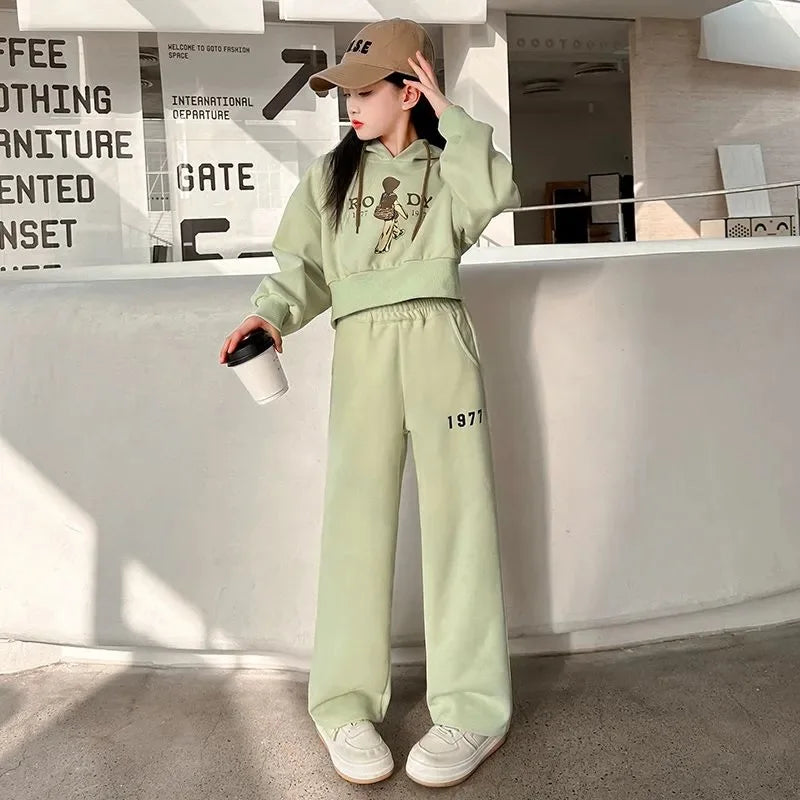 Spring Autumn Girls Clothing Set Cartoon Embroidered Pattern Hoodies Sweatshirt+ Pants 2Pcs Outfit Suit For 8-13 Years Kids