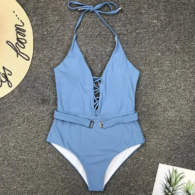 2025 Sexy Lace Up Halter Female Swimwear One Piece Swimsuit Women Backless Monokini with Waist Belt Bathing Suit Swim Bodysuit