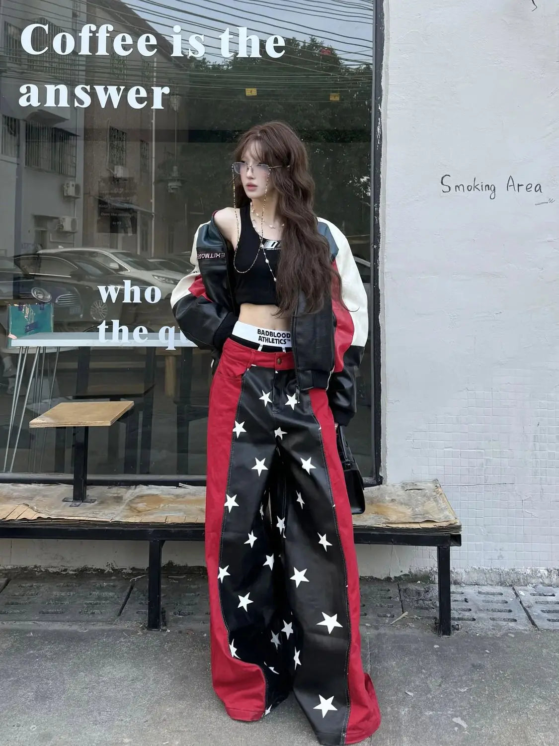 2025 Fall Winter Y2K Sweet Grunge Star Print PU Leather Patchwork Jeans Women Oversized Baggy Streetwear Wide Leg Pants