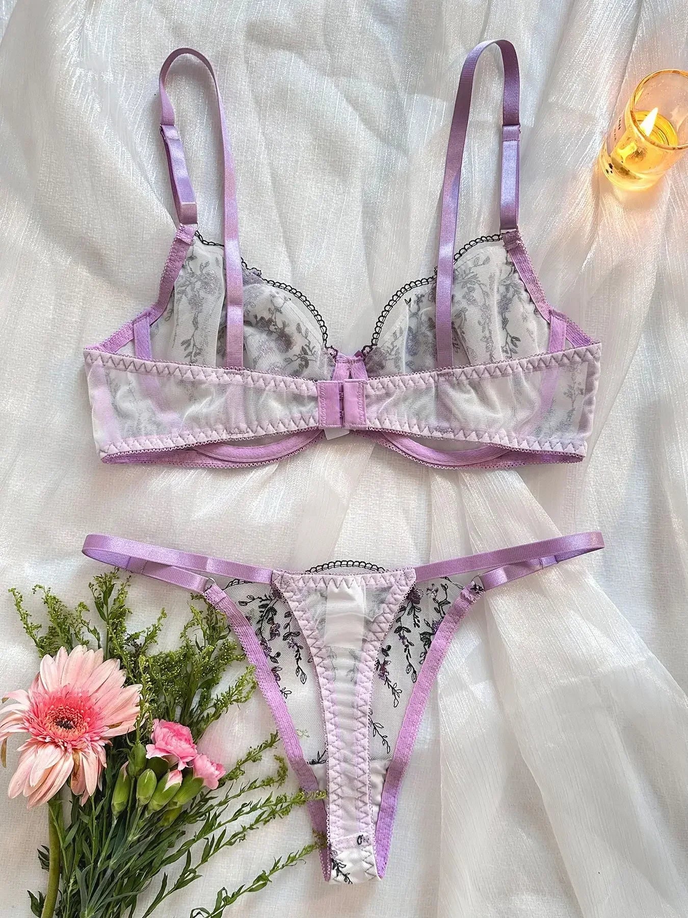Sexy Women Lingeries Embroidery Floral Underwear Transparent Lace Short Low-waist Kits Sweet Delicate Fairy Bra Bra & Brief Sets
