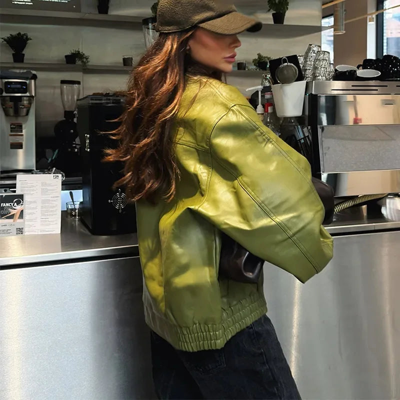 Fashion Green PU Leather Jacket Women Laple Zipper Loose Full Sleeve Single Breasted Cropped Coat 2024 New Lady Solid Streetwear