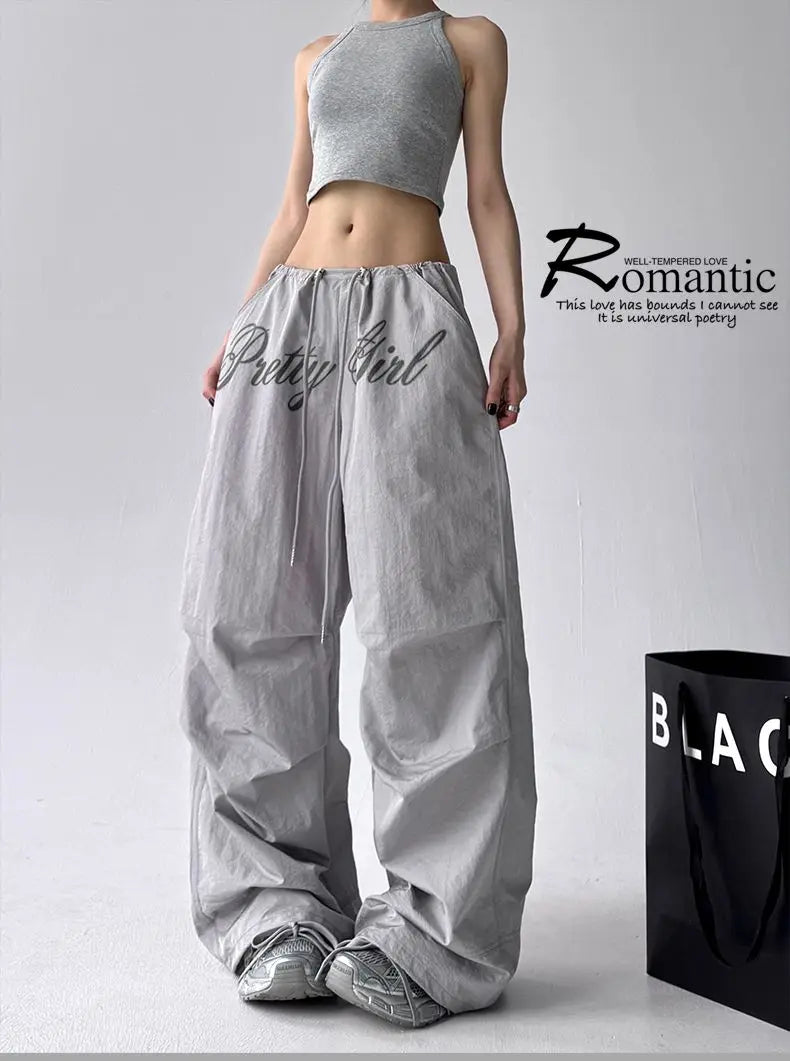 American retro black printed Spice Girls Street Dance Scimitar Pants Women's Loose Design Splicing Summer New Wide Leg Pants