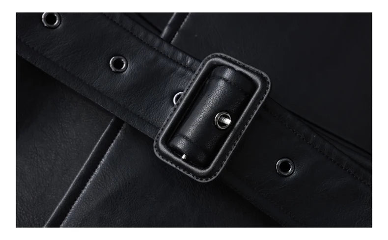 Lautaro Spring Autumn Extra Long Black Pu Leather Trench Coat for Women with Back High Slit Luxury Chic European Fashion 2024