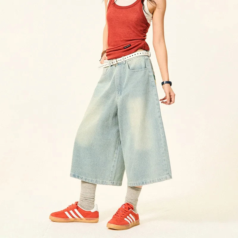 Summer High Street Letter Printing Washing Denim Shorts Men and Women American Retro Casual Loose Straight Cropped Pants Trendy