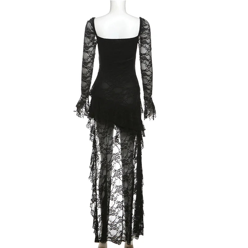 AltGoth Mall Goth Fairycore Dress Women Vintage Aesthetic Elegant Sweet Sexy See Through Irregular Hem High Waist Corset Dress