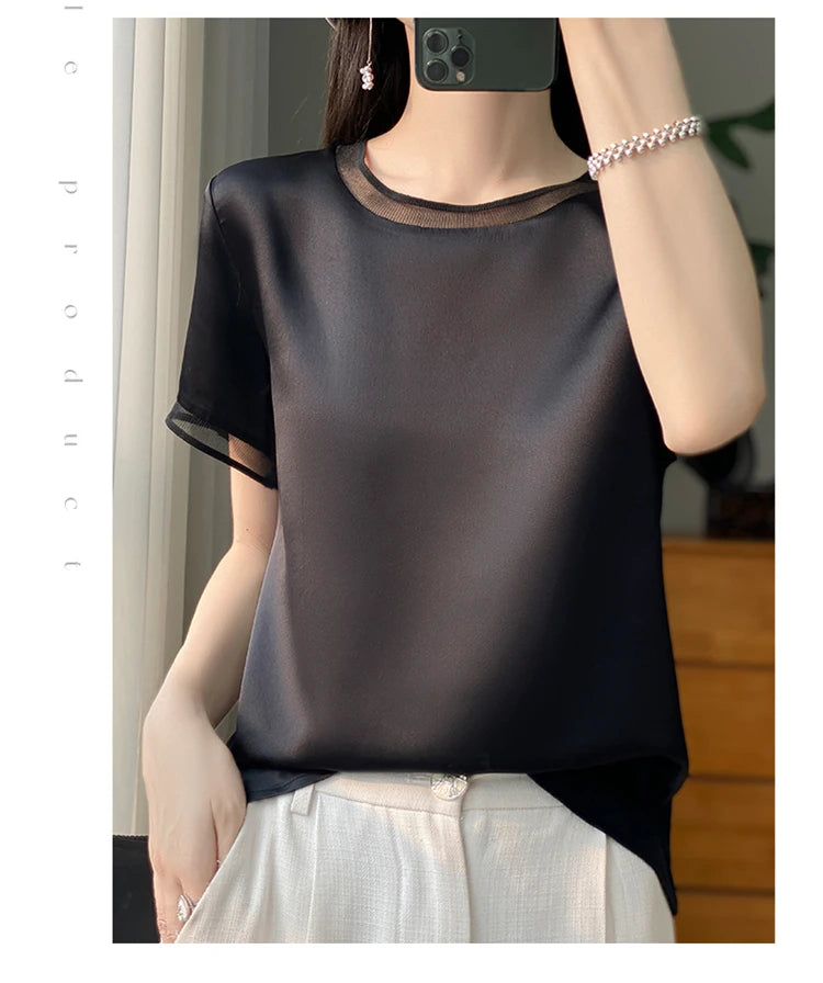 Oversize New Arrival T-Shirt Silky Satin Surface Women's Tees Short ONeck Tank Top Casual Slim Solid Lady Clothes Fashion Trends