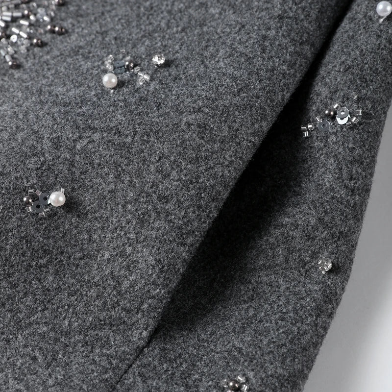 Casual Embroidery Beading Loose Women Coat Lapel Collar Bat Sleeve Solid Wool Blend Jacket 2025 New Lady Luxury Spring Outerwear