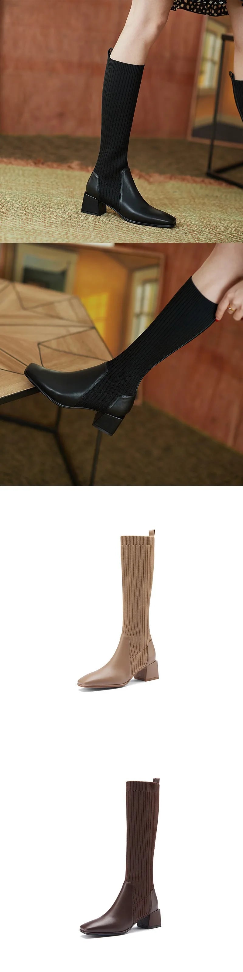 Women's Knee High Boots Luxury Knitted Leather Brown Black Block Heels Warm Classic Elastic Long Boot Winter Shoes Large Size 40