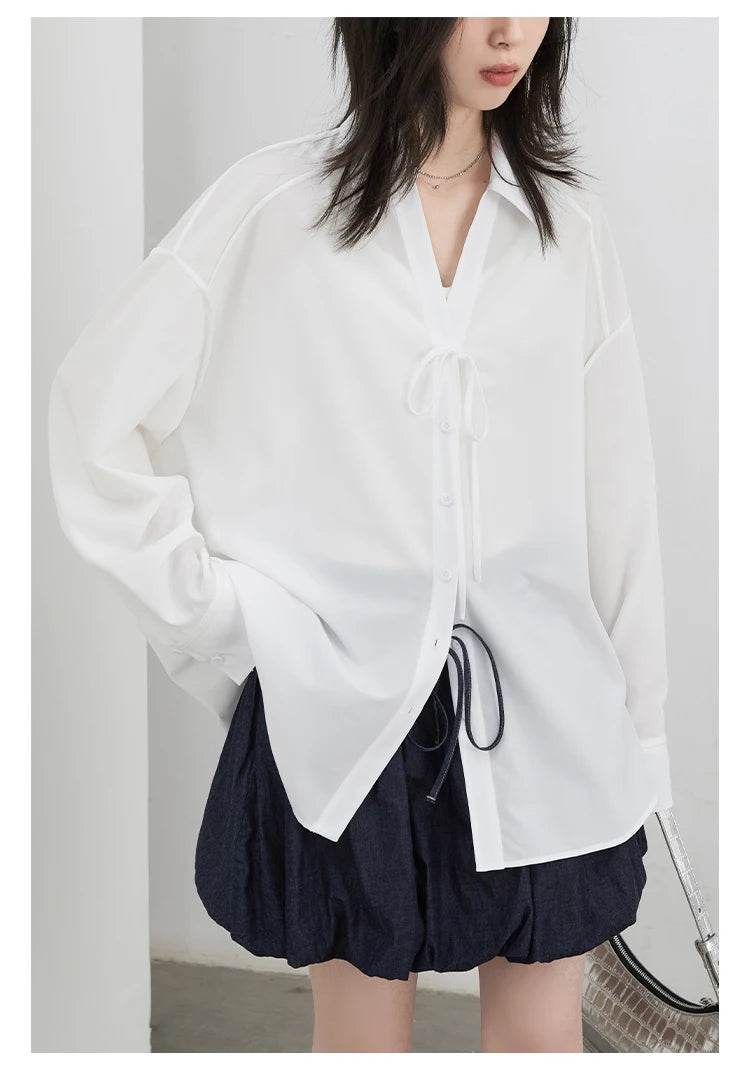 CHIC VEN Women Shirt Loose Casual Solid New Lapel Tie Design Sun Protection Blouses Long Sleeved Female Coat Summer 2025