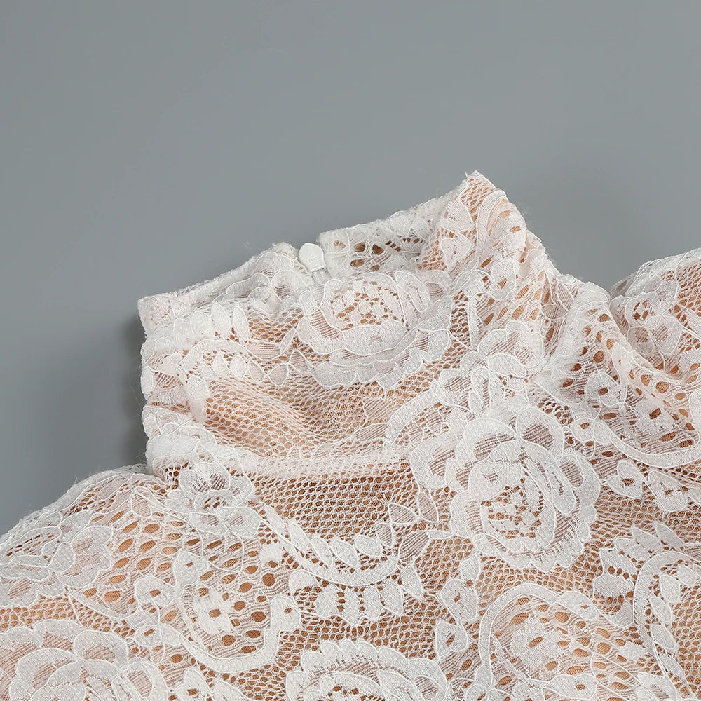 2024 New Autumn White Black Women Sexy Long Sleeve Lace Bodycon Draped Bodysuit Fashion Performance Costume Stage Wear