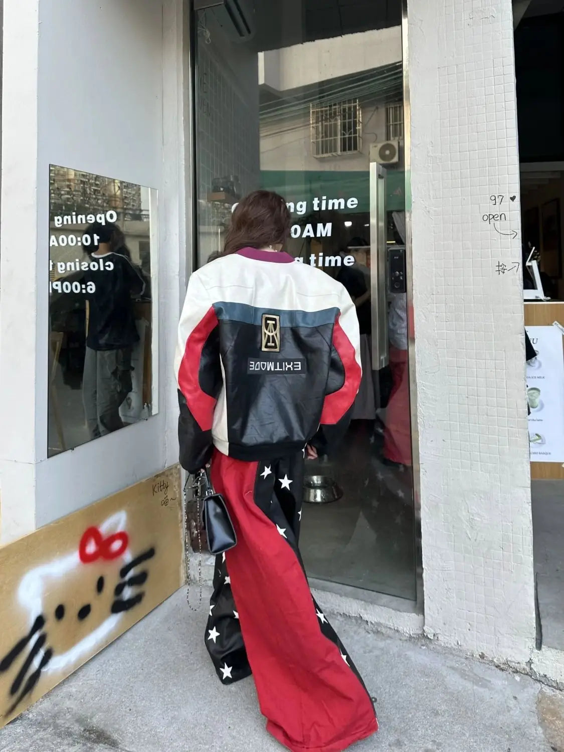 2025 Fall Winter Y2K Sweet Grunge Star Print PU Leather Patchwork Jeans Women Oversized Baggy Streetwear Wide Leg Pants