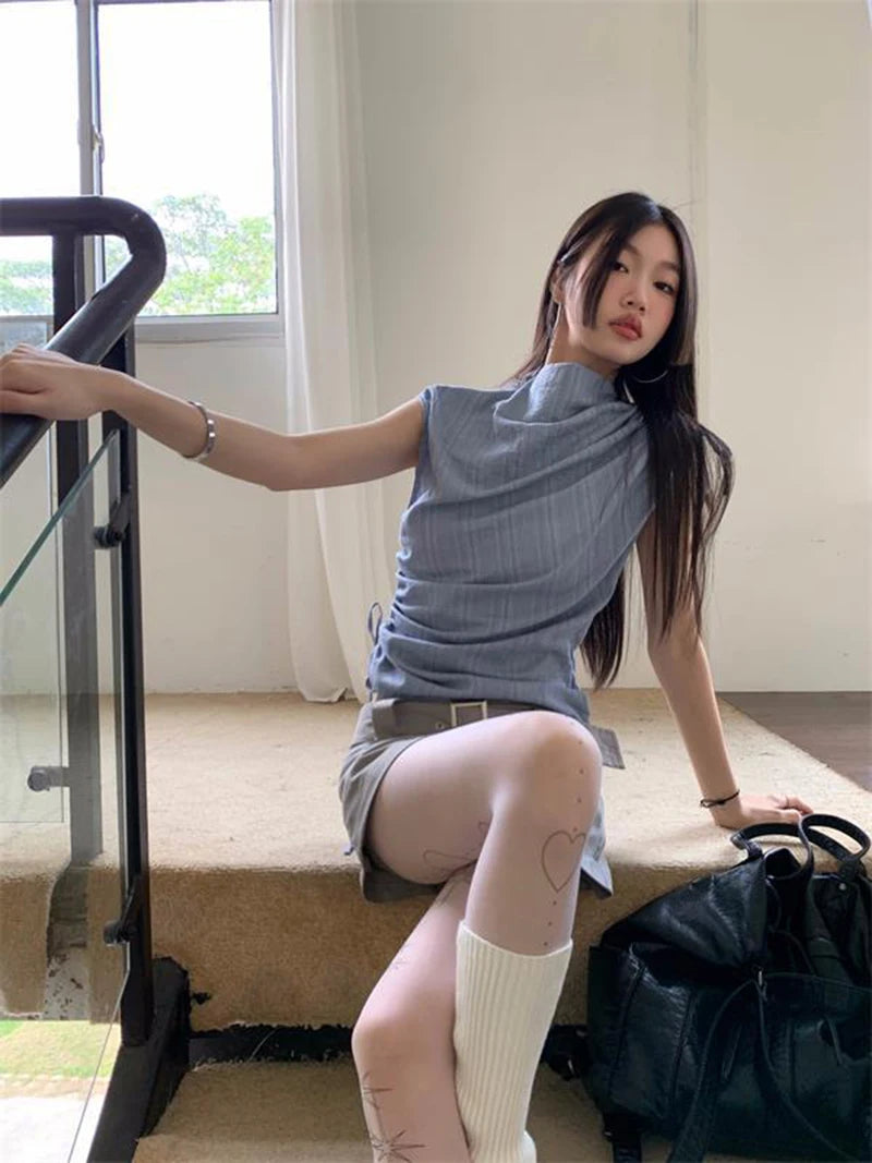 Zoki Streetwear Y2K Slim Tanks Women Shirring Vintage Casual Tops Summer Sleeveless Female Retro Half Turtleneck Harajuku Tanks