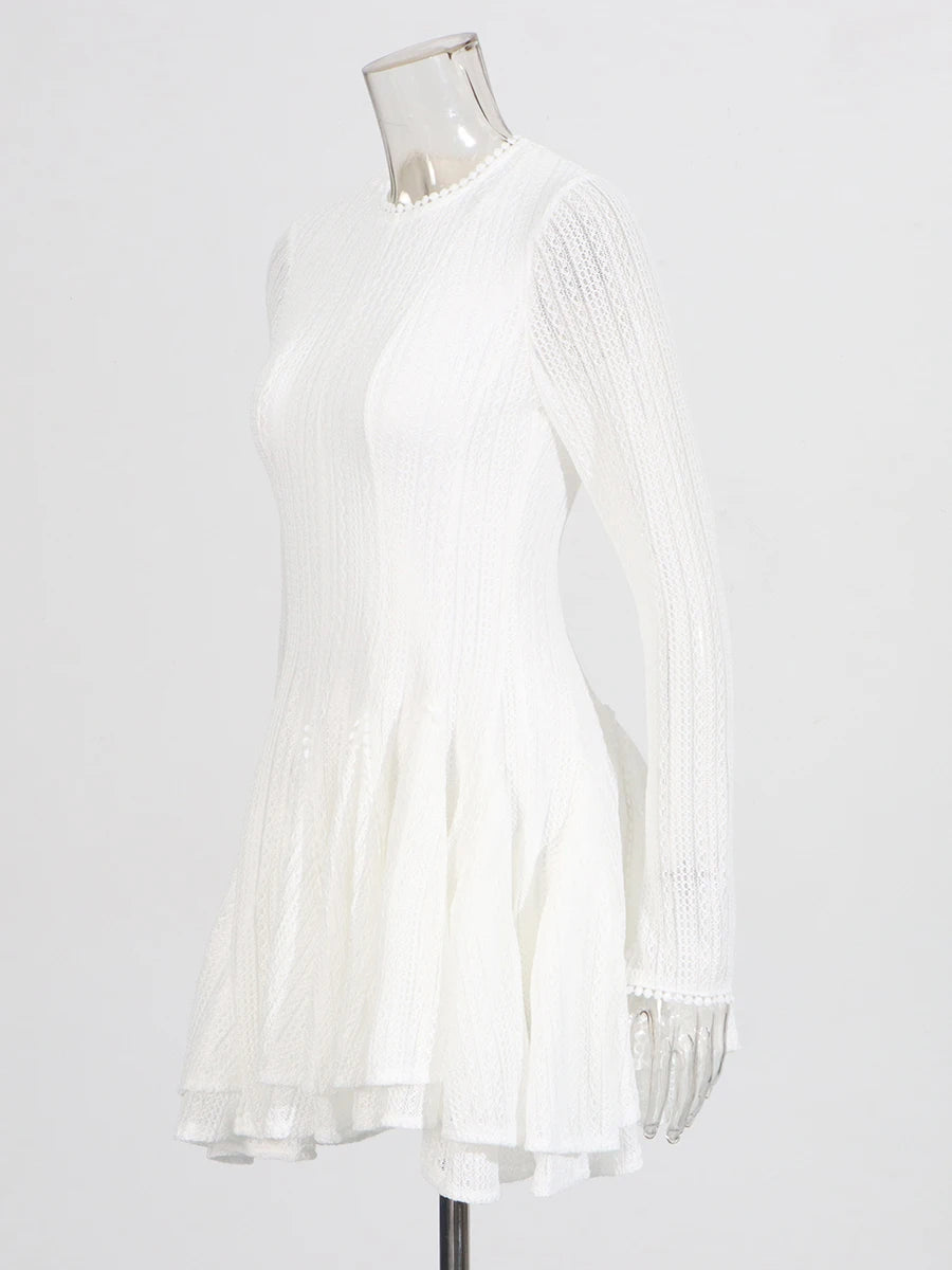 TWOTWINSTYLE Solid Hollow Out Slimming Dresses for Women O Neck Long Sleeve High Waist Temperament Dress Female Fashion