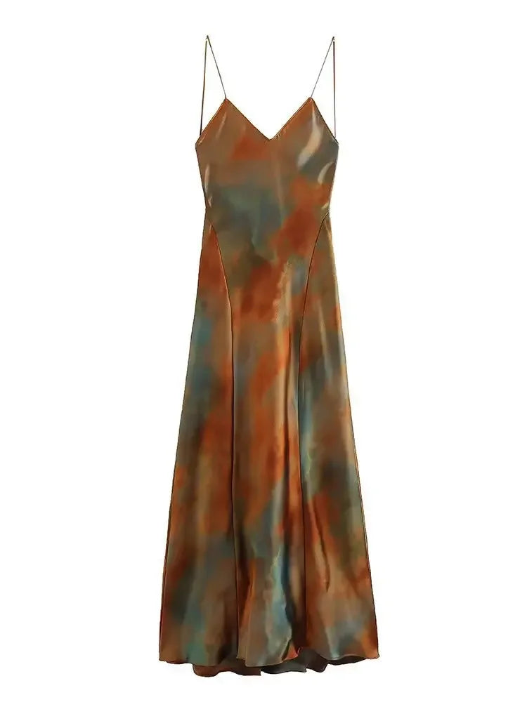 Elegant Sexy Long Dress New 2023 Design V-neck Open Back Rainbow Printing Tank Dress For Women Cross-border European Style