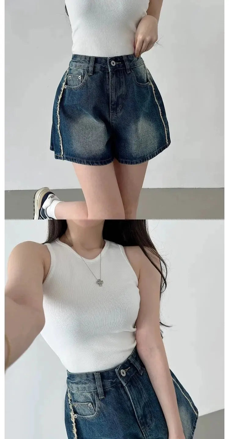 Retro Waed Distred High Waist Wide Leg Jeans orts Casual Sle A-Line Loose Fit Summer Denim orts for Women