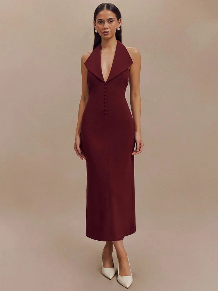 Mozision Halter Deep V Neck Sleeveless Sexy Maxi Dress For Women Elegant Backless Bodycon Tank Dress Femme Fashion Long Dress