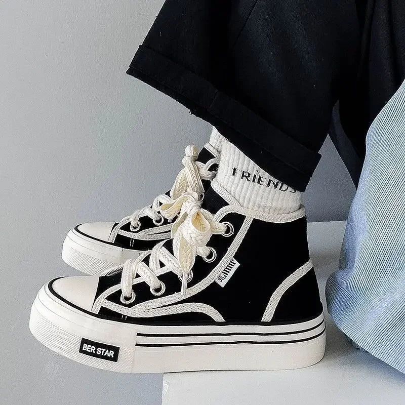Spring 2025 Women's Canvas Sneakers High-Top Sporty Casual Shoes Student Fashion Trendy Design Synthetic Inner Rubber Sole
