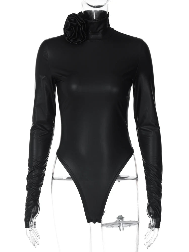 Hugcitar Fashion Pu Leather Black Turtleneck Tie Flower Long Sleeve Buttons Sexy Bodycon Bodysuit Women Party Overalls Romper