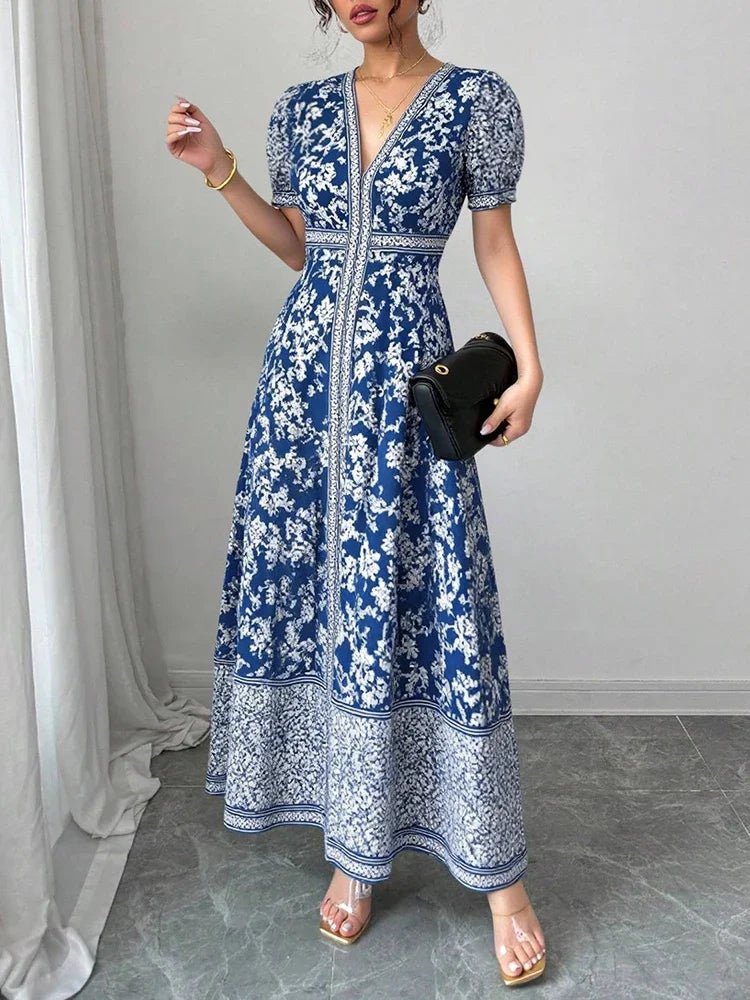 Rafiah Boutique Women's Even Dress 2025 Summer Modest Fashion Short Puff Sleeve V-Neck Chinese Style Graphic Printing Long Dress