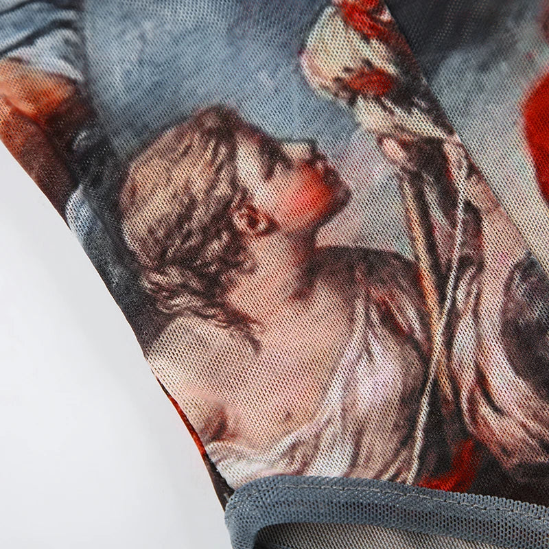 Rockmore  Vintage Printed Mesh Bodysuits Women Lace Bow Square Neck High Waist Wrapping Long Sleeve Bodysuit Halloween Christmas