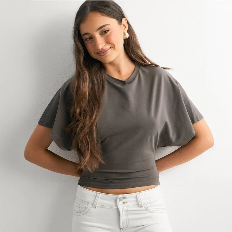 CUTENOVA Women'S Summer Loose Short-Sleeved T-Shirt Tops Waist Slimming Sweet And Hottie Design Sense Positive Shoulder Top