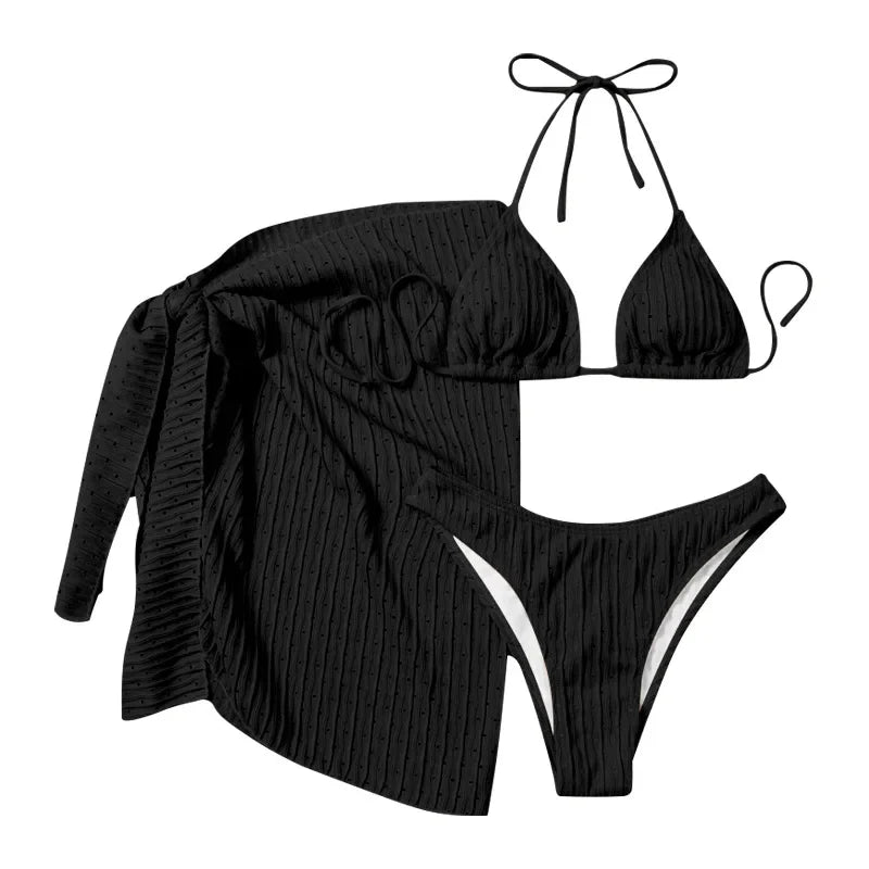 Sexy Bikini Swimsuit Women's New 2025 Three-piece Set Neck Hanging Net Skirt Hot Spring Vacation Swimwear Fashionable Chinese Br