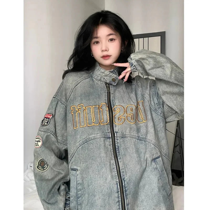 Unisex Embroidered Design Vintage Denim Jacket High Street Loose Coats Hip Hop Stand Collar Baseball Jacket for Women