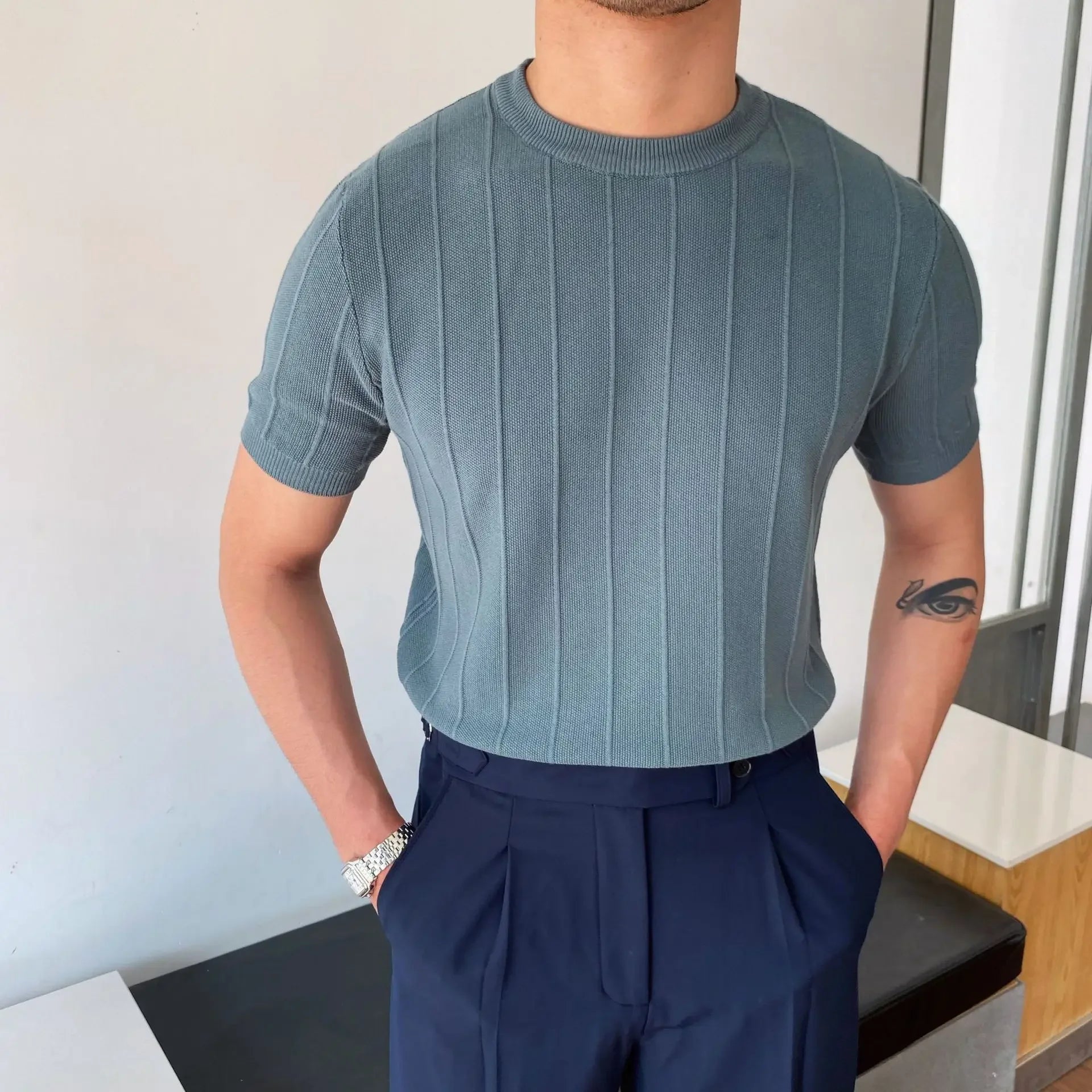 Luxury Knit T-shirt Men's Summer New Style Round Neck Short Sleeves Thin Korean Version Base Layer Top Knitwear