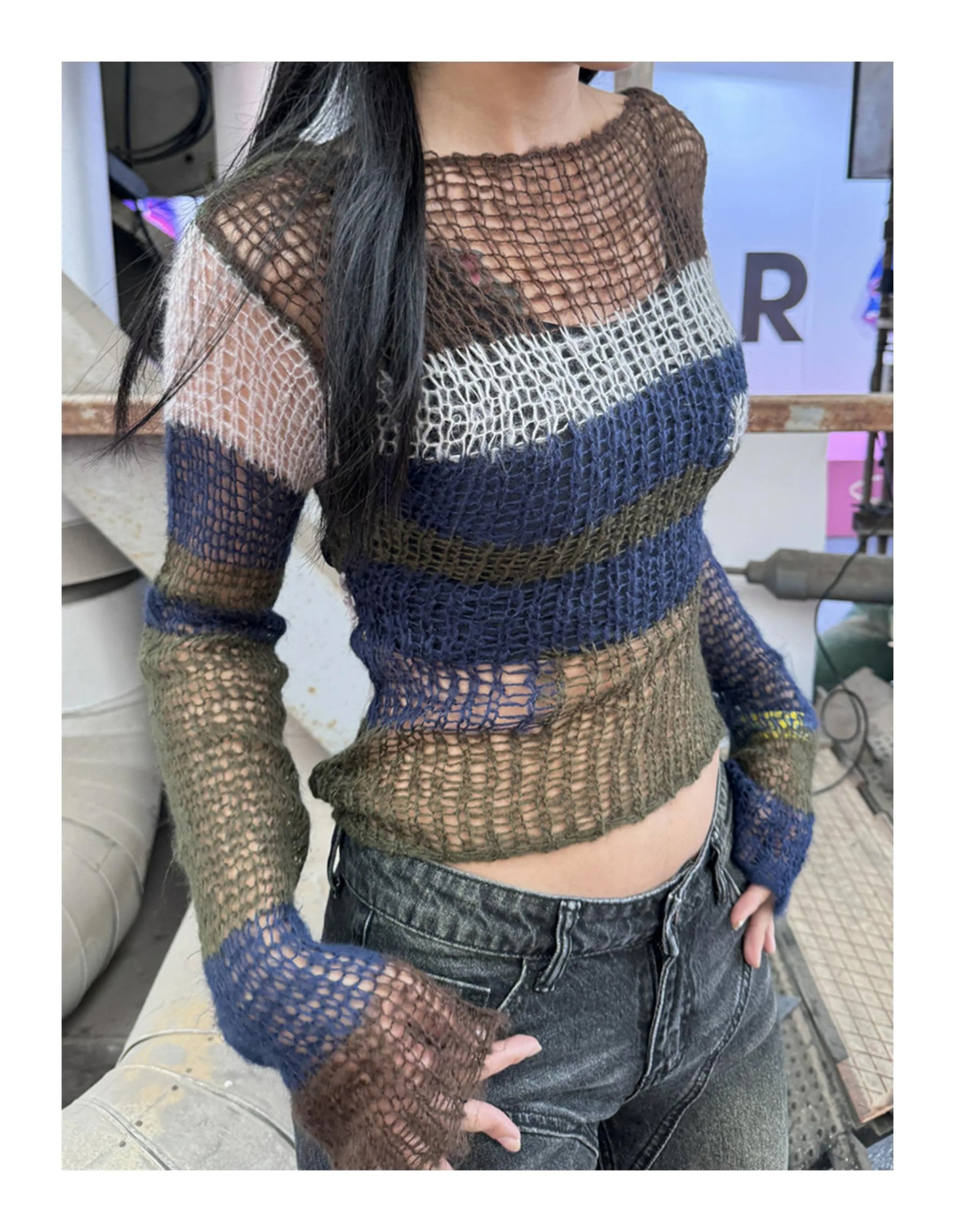 Karrram Y2k Aesthetics Crop Knit Tops Vintage Grunge Hollow Out Jumpers Japanese 2000s Hole Pullover Korean Dongdaemun Knitwear