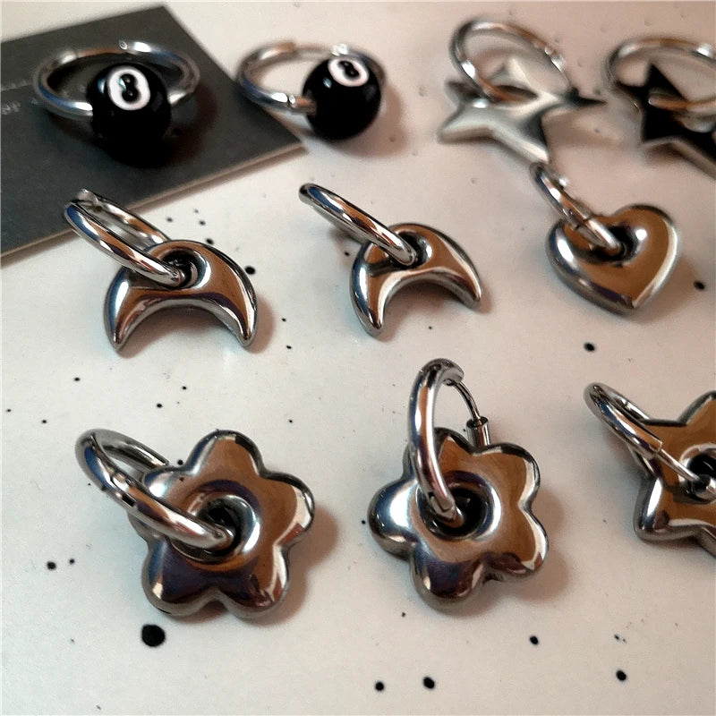 Punk Dangle Edgy Earrings Unique Detachable Stainless Steel Chunky Star Heart Moon Hoop Earrings For Women Men Statement Jewelry
