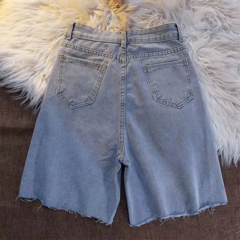 Design Sensibility Denim Cotton Shorts 2023 Summer Petite Straight-Leg Medium Length Wide Leg Casual Style Women's Trousers