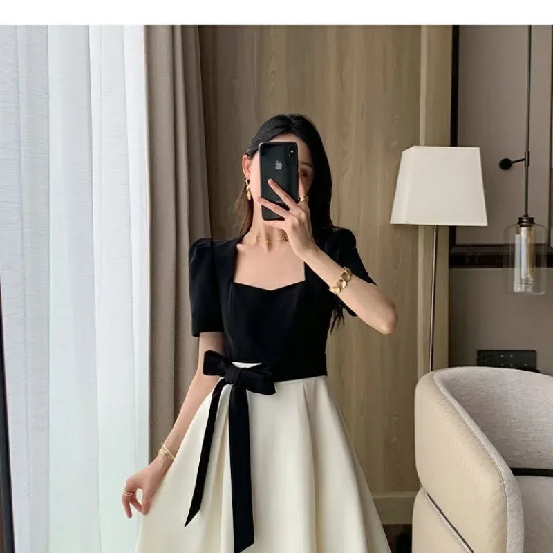 Elegant High-waisted Slimming Black Square Collar Long Dress 2024 New Style Vintage French Fashion For Women