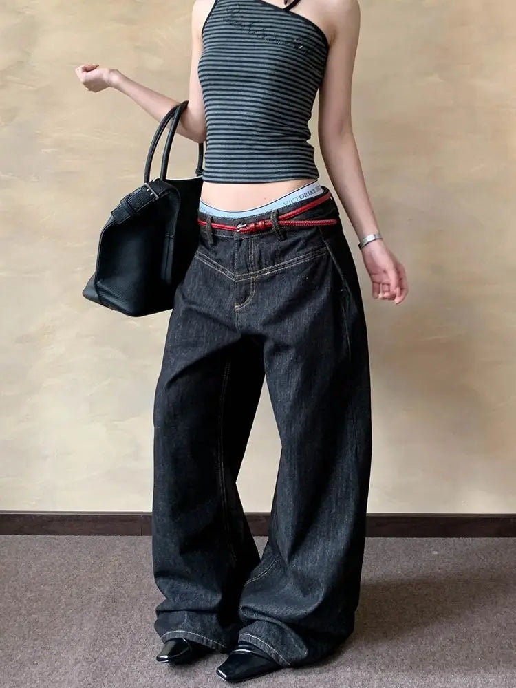 American Retro Primary Color Scimitar Jeans Women's Summer New High Street Design Loose and Thin Wide Leg Floor Pants