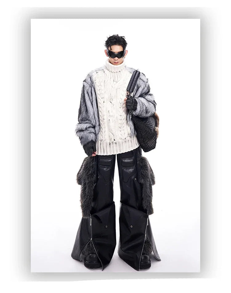 Mauroicardi Spring Autumn Cool Long Baggy Black Pu Leather Wide Leg Cargo Pants Men Luxury Mens Designer Clothes Streetwear 2025