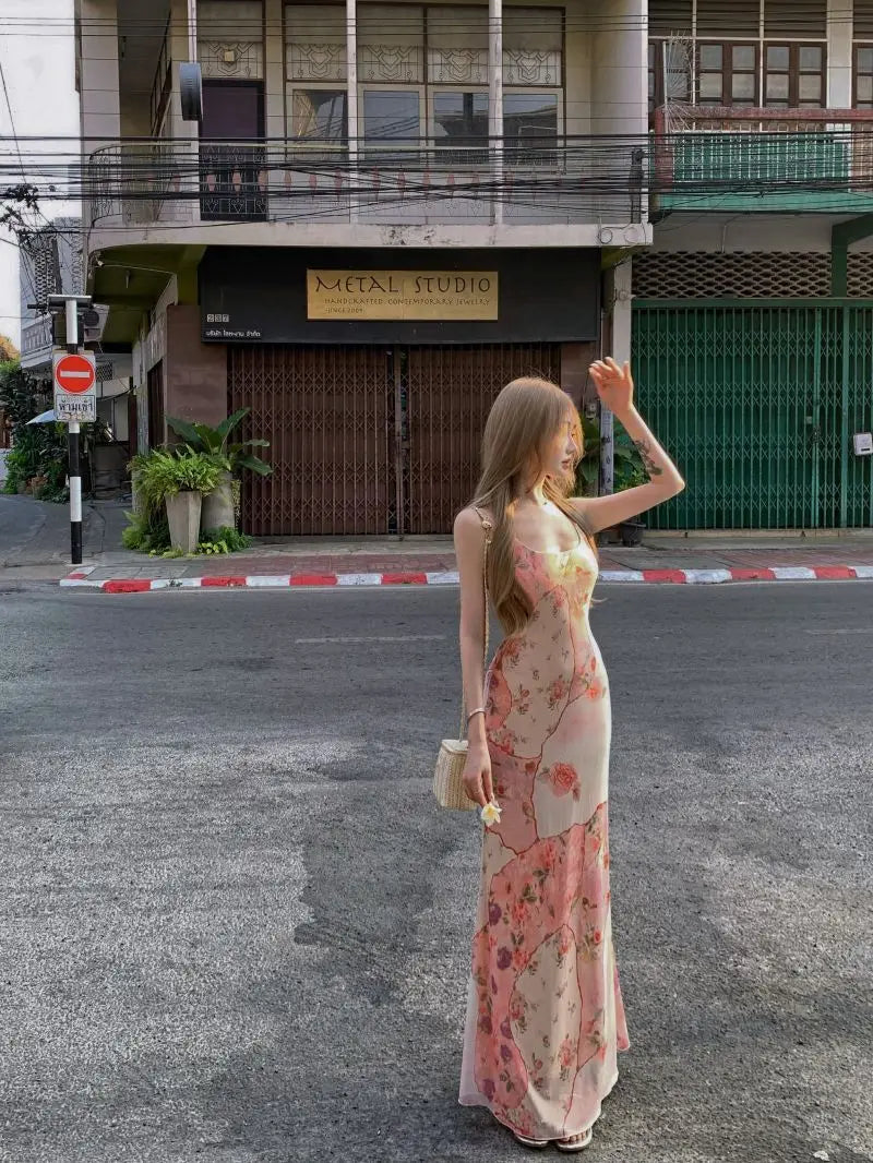 Summer Floral  Boho Dress Women Sleeveless Slim Fit Party Midi Dress  Mesh Patchwork Long Bodycon Elegant Beach Holiday Dress