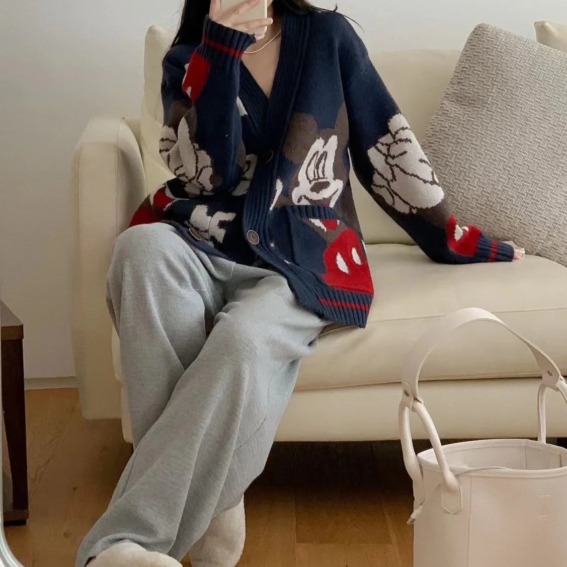 Disney Knitted Cardigan Japanese Donald Cartoon Sweaters for Women Coat Female Autumn and Winter Loose Wild Thicken Kawaii Tops