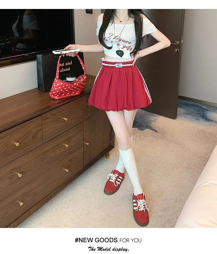 American Style Spliced Lace Stripe High Waist Half Skirt Women Summer Anti Exposure Flower Bud Puffy Short Skirt Polyester Fiber