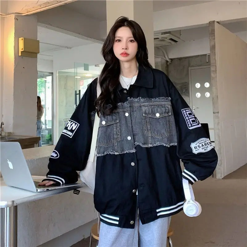 Denim Jacket Embroidered Baseball Uniforms Bomber Jackets Streetwear Harajuku Y2k Tops Trench Coats Hip Hop Long Sleeve Coats