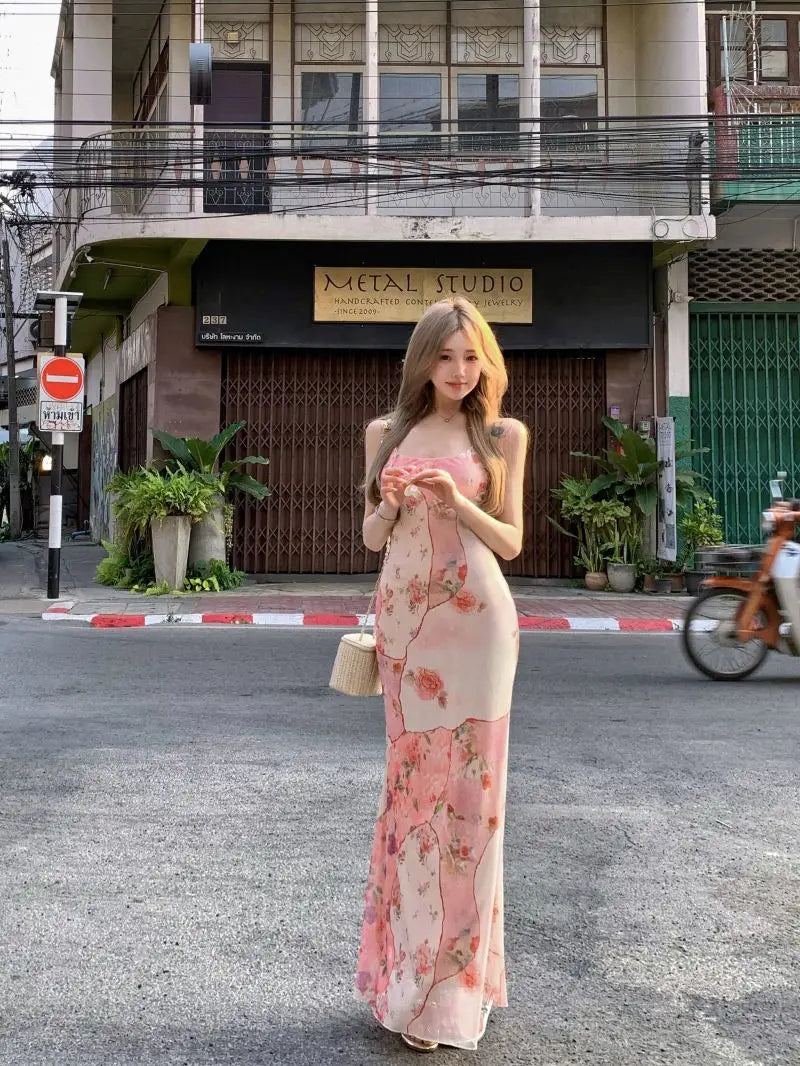 Summer Floral  Boho Dress Women Sleeveless Slim Fit Party Midi Dress  Mesh Patchwork Long Bodycon Elegant Beach Holiday Dress