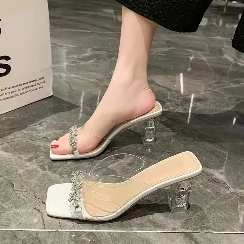 Transparent Crystal Sandals Women's Mid Heel High Heels Summer New Outdoor Wear Diamond Studded Fashionable Rubber Sole