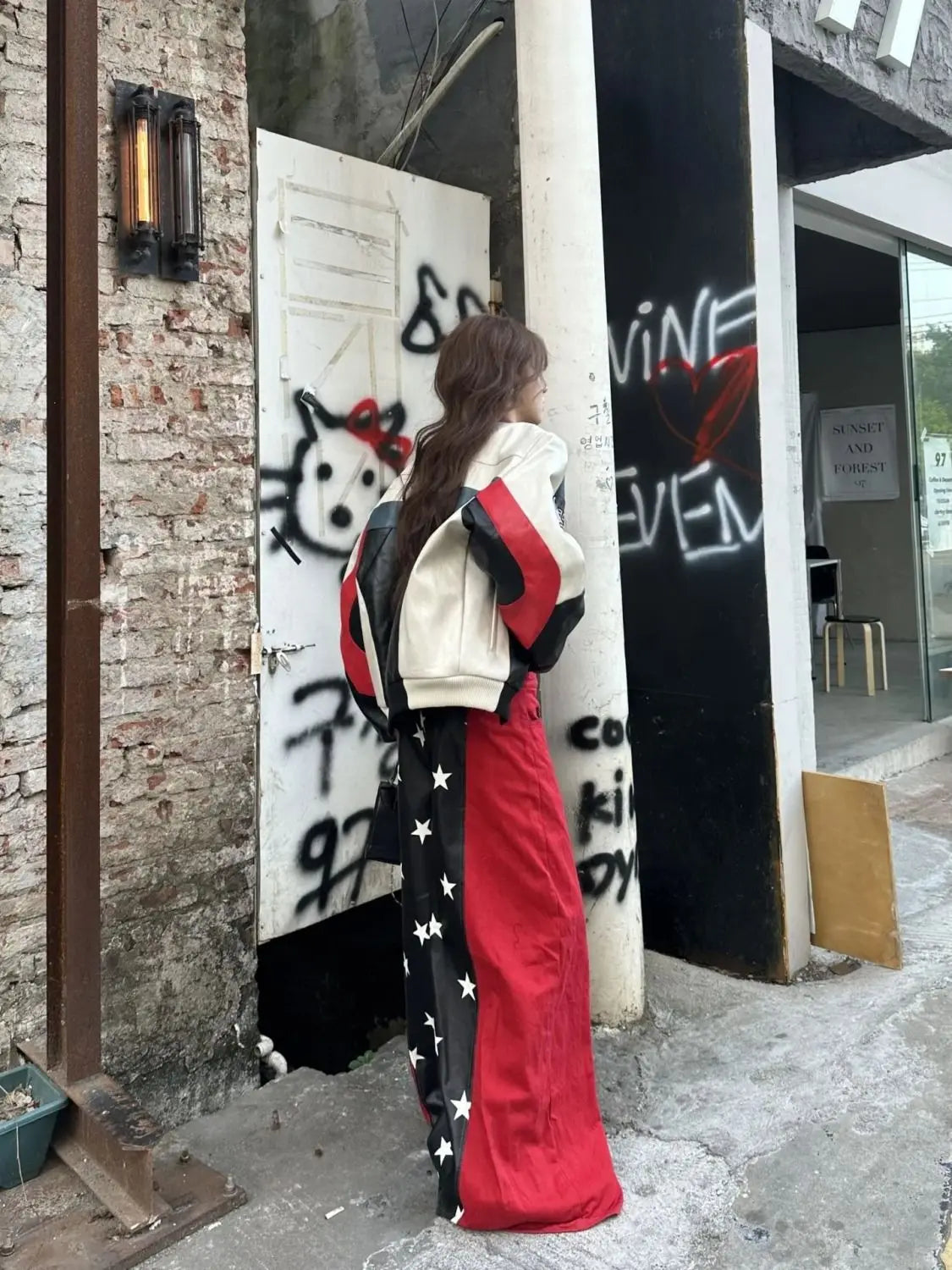 2025 Fall Winter Y2K Sweet Grunge Star Print PU Leather Patchwork Jeans Women Oversized Baggy Streetwear Wide Leg Pants