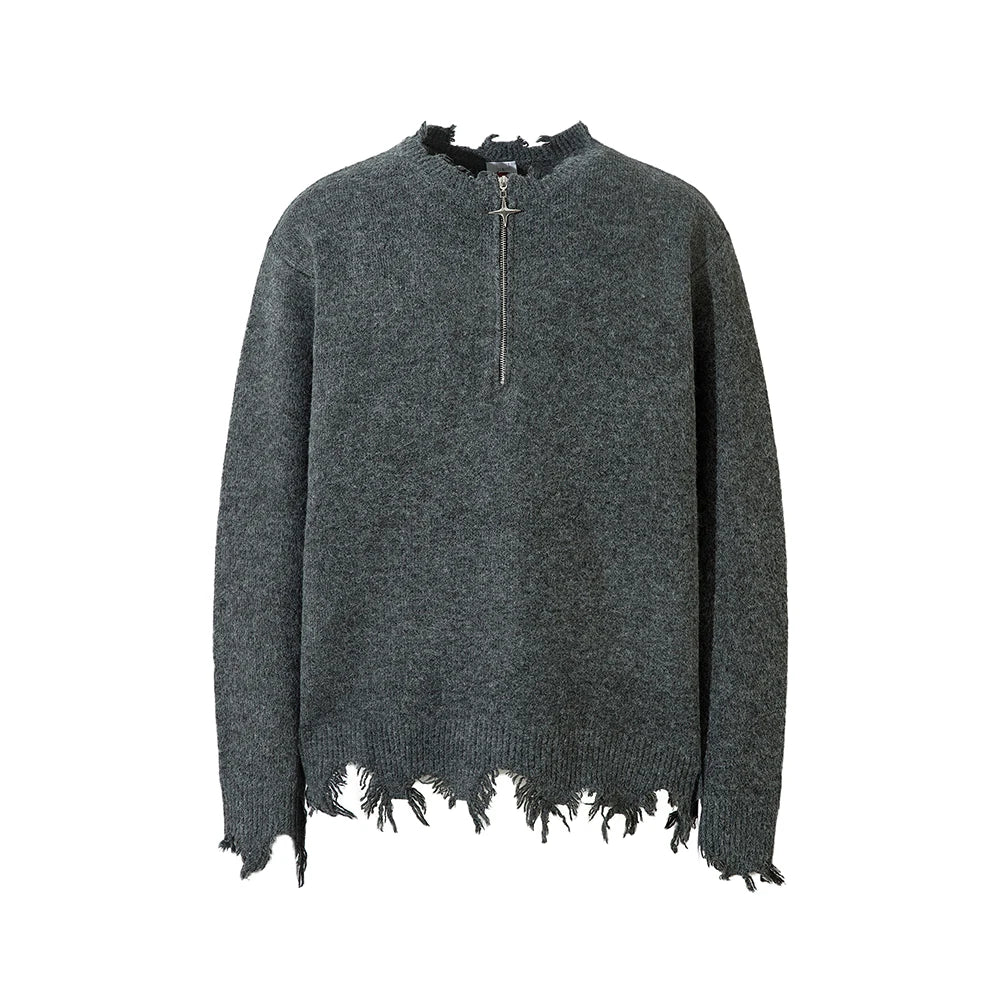 Half Zipper Frayed Hem Ripped Solid Knitted Sweaters Mens and Womens Autumn Baggy Pullover Sweater Oversized Loose Clothes