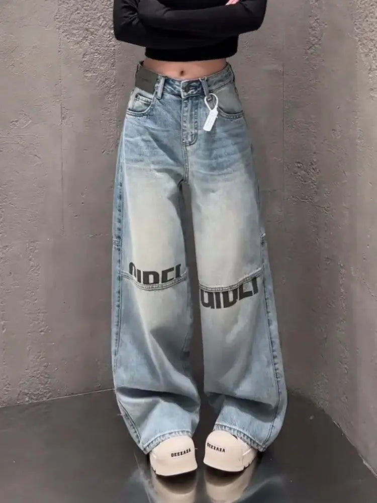 Letter Print High Waited Jeans Woman Street Harajuku Vintage Y2k Pants Women Trousers Casual Wide-leg Baggy Jeans Women