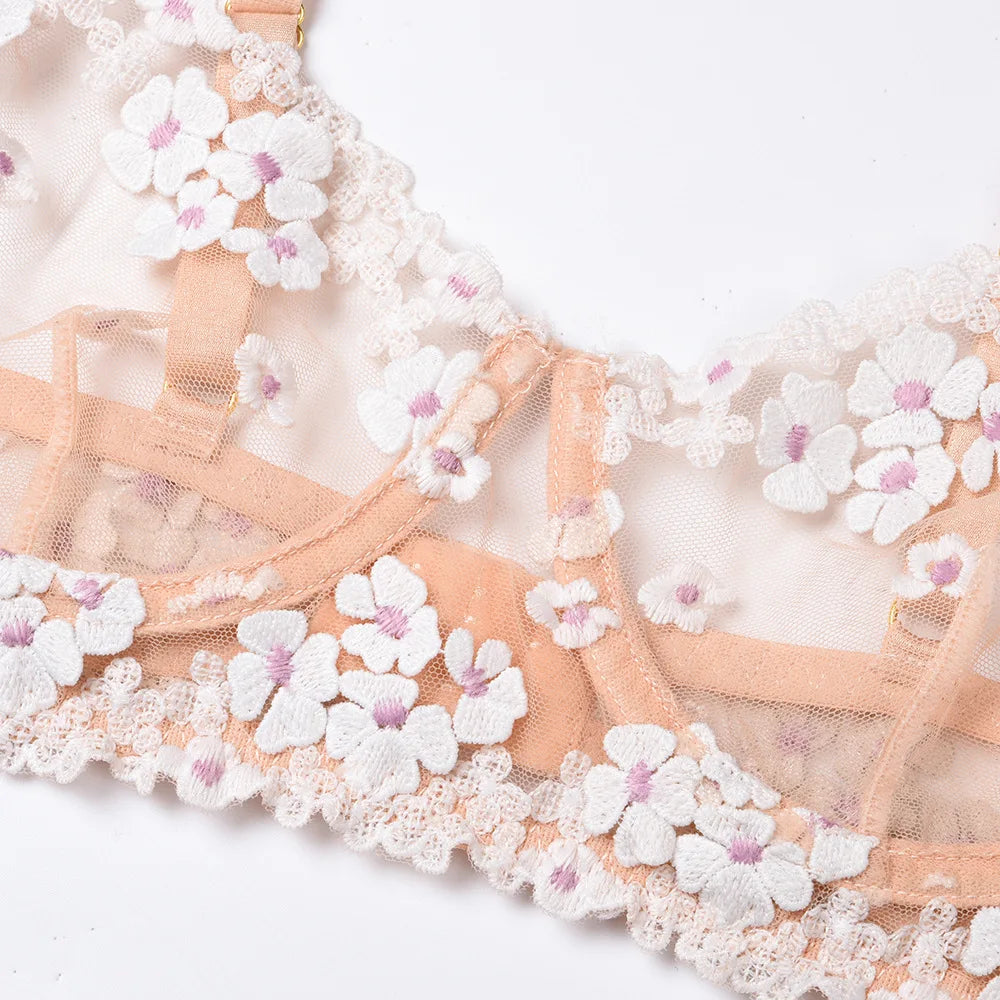 Floral Embroidered Sheer Lingerie Set Underwire Push Up Bra Thong Garter Belt See-Through Corset for Bridal Night Boudoir