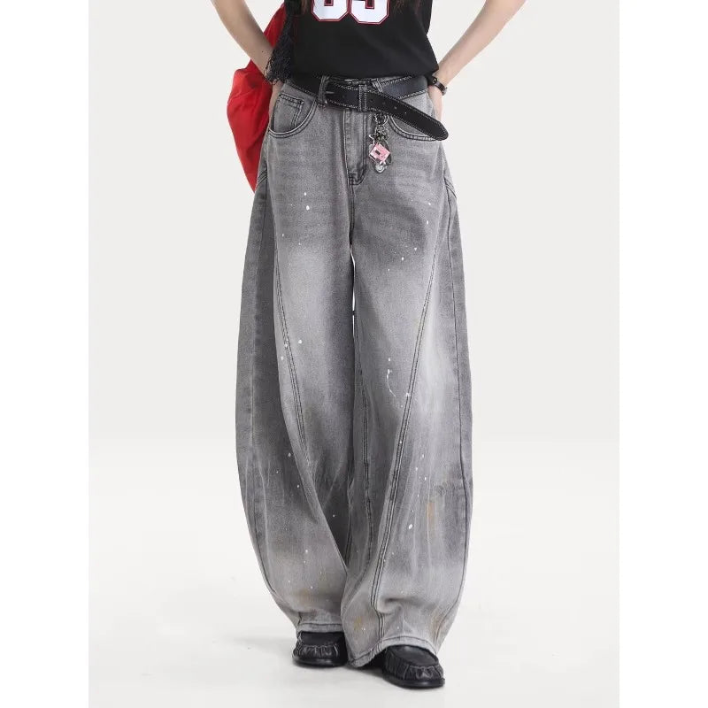 American retro washing smoke grey ink jeans scimitar straight wide-leg lazy style casual trousers Korean style